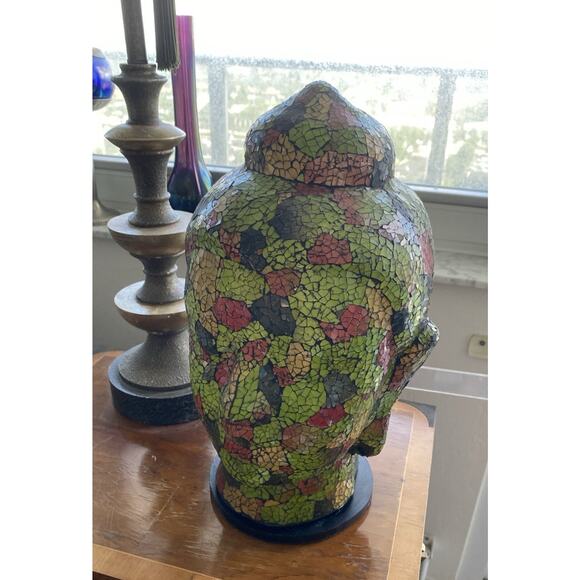 Vintage Amrita Singh Green Orange Gold Buddha Head Mosaic Sculpture 15" Tall - Picture 1 of 6